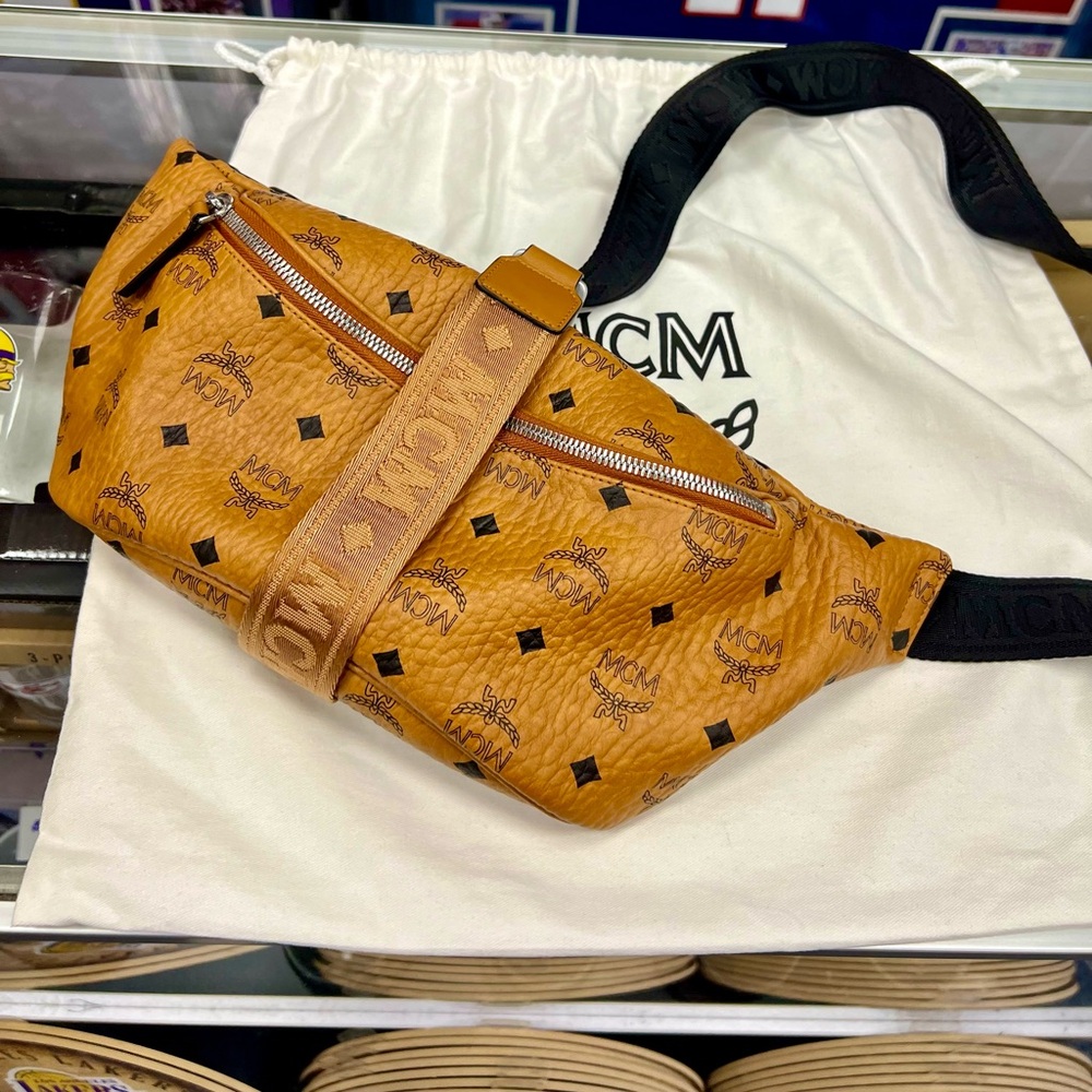 MCM Brown Visetos Belt Bag with Black Strap